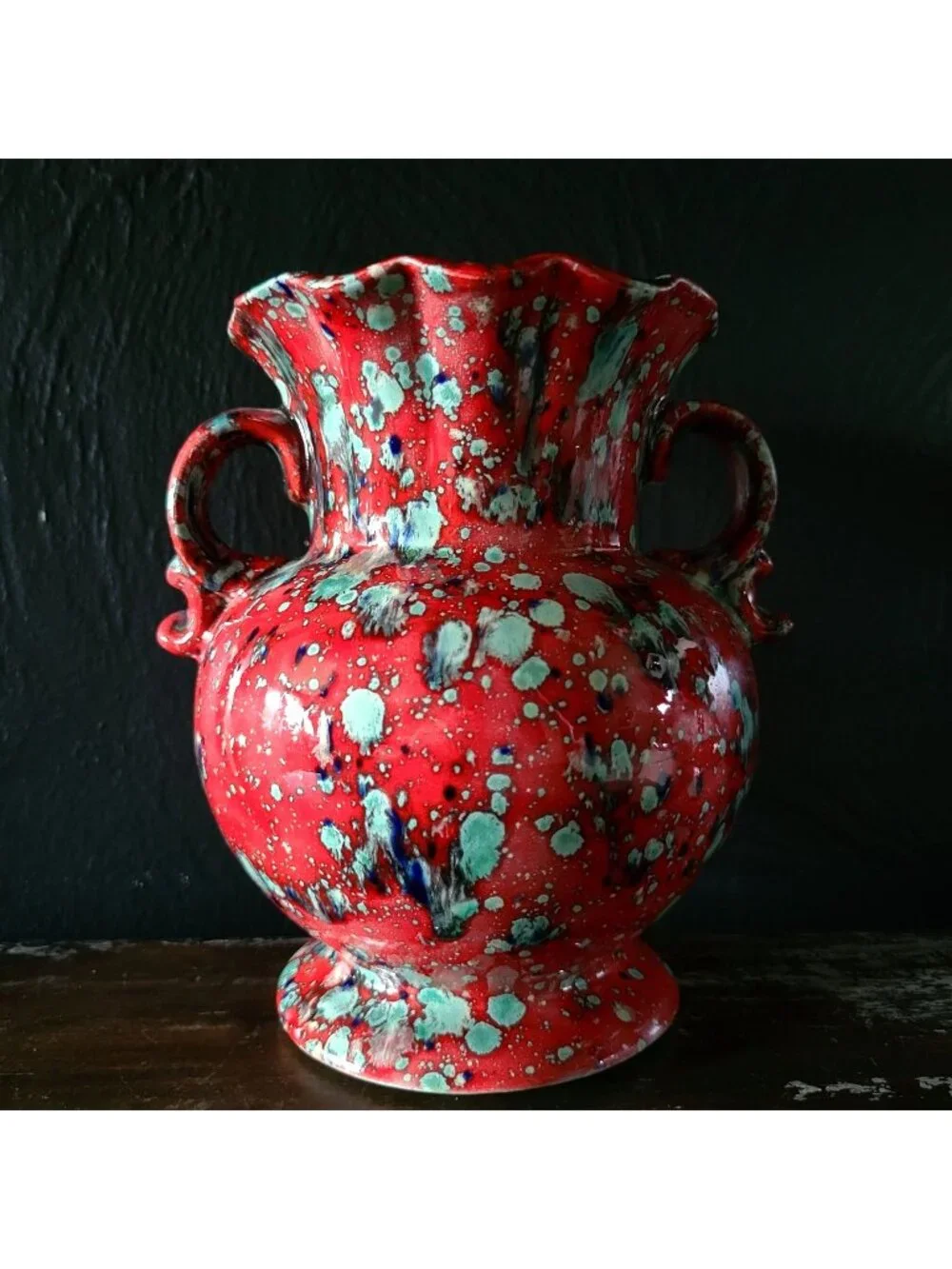 Vintage MCM Retro Drip Glaze Pottery Red Teal Vase